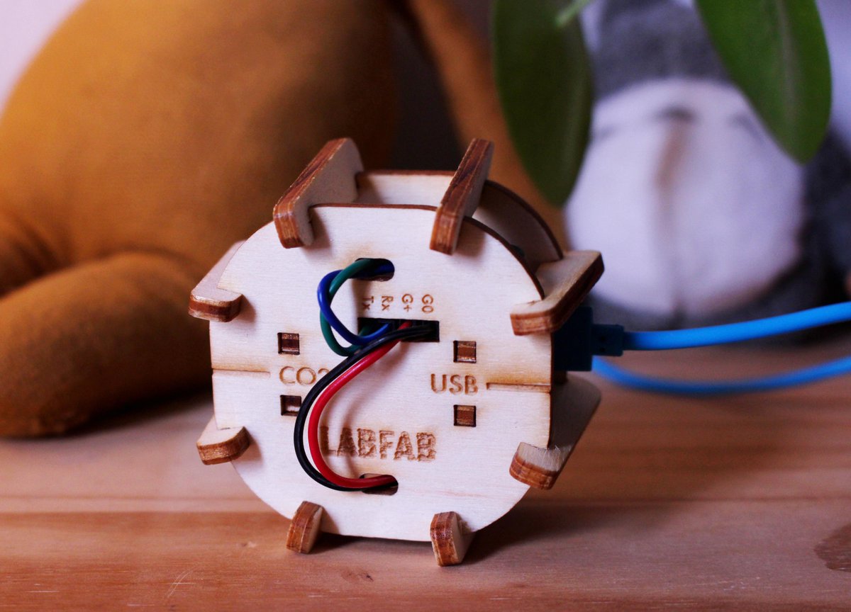 The back of the laser cut CO2 sensor. The words "LABFAB", "USB", and "CO2" are etched into the wood along with a few symbols. Wires can be seen running from one opening the case to another.