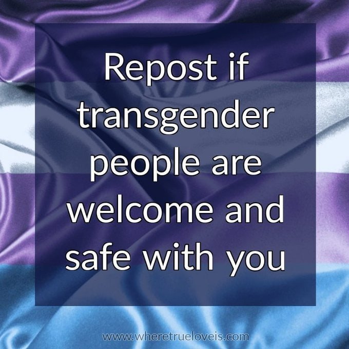 A trans flag with the caption "Repost if transgender people are welcome and safe with you" superimposed onto it