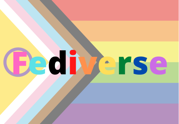 The word (Fediverse) each letter in a different color from the pride flag.
Background: The updated progress pride flag.